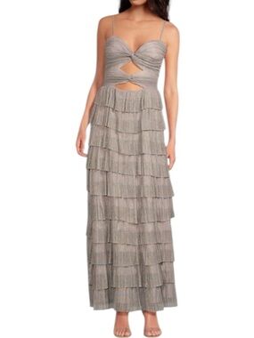 Gianni Bini Grace Metallic Plisse Tiered Dress 6 Rainbow Sweetheart Neck Cut-Out